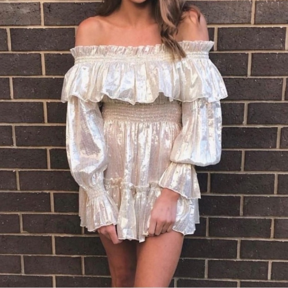 Alice McCall Metallic Ruffle Off the Shoulder Mini Romper‎